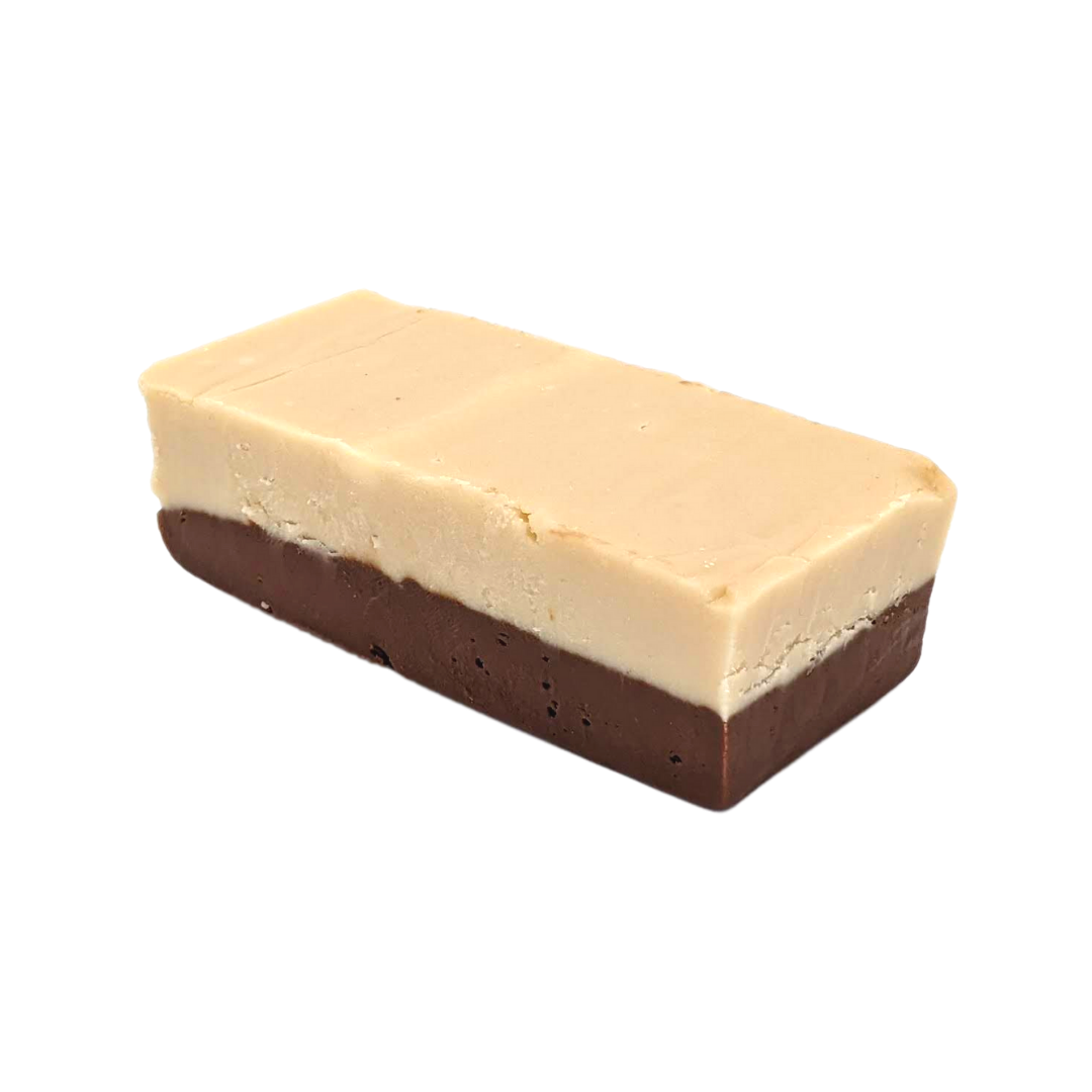 Canadian Maple Chocolate left, Canadian Maple fudge, Chocolate fudge, layered maple and chocolate fudge, creamy fudge, premium fudge, best fudge in Canada, made in Alberta, Edmonton fudge, Phil's Fudge Factory