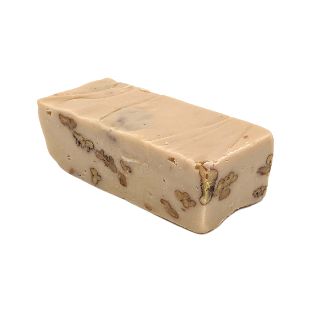 Canadian Maple Pecan left, Canadian Maple fudge, pecan fudge, chunky fudge, nutty fudge, light caramel coloured fudge, maple flavoured fudge, premium fudge, best fudge in Canada, made in Alberta, Edmonton fudge, Phil's Fudge Factory