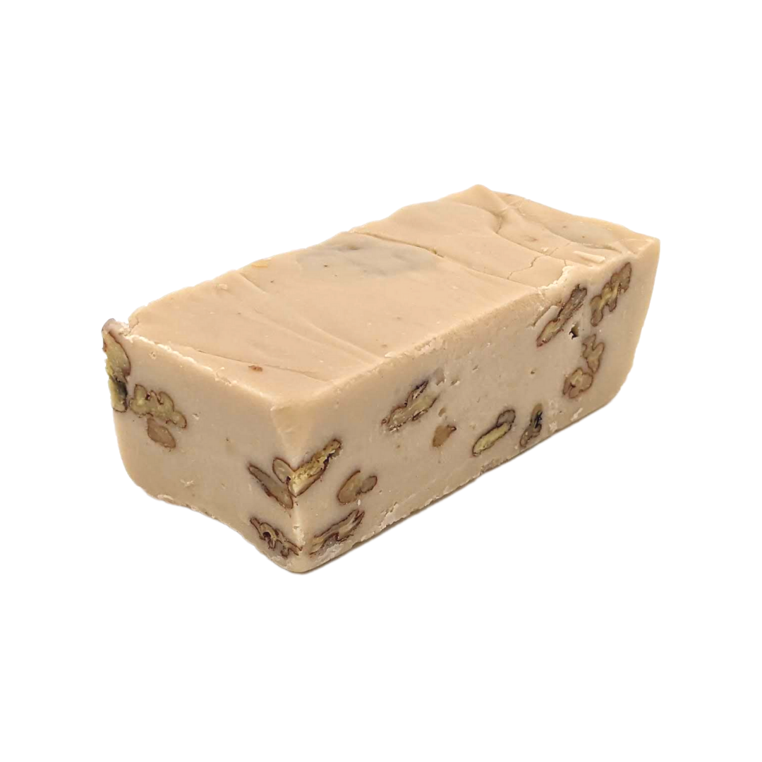 Canadian Maple Pecan right, Canadian Maple fudge, pecan fudge, chunky fudge, nutty fudge, creamy fudge, maple flavoured fudge, light caramel coloured fudge, premium fudge, best fudge in Canada, made in Alberta, Edmonton fudge, Phil's Fudge Factory