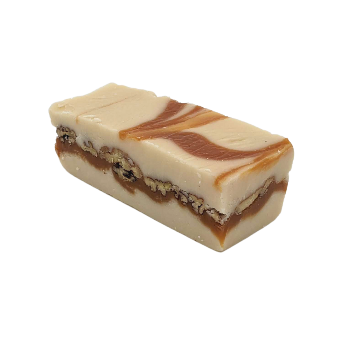 Chewy Praline left, gooey caramel, vanilla fudge, pecan fudge, layers of caramel pecan and vanilla fudge, swirled caramel, creamy fudge, premium fudge, best fudge in Canada, made in Alberta, Edmonton fudge, Phil's Fudge Factory