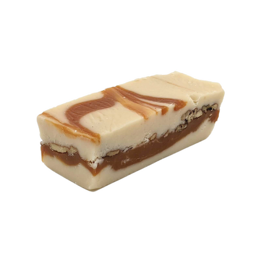 Chewy Praline right, vanilla fudge, gooey caramel, swirled caramel, pecans, layered pecans vanilla fudge and caramel, premium fudge, best fudge in Canada, made in Alberta, Edmonton fudge, Phil's Fudge Factory