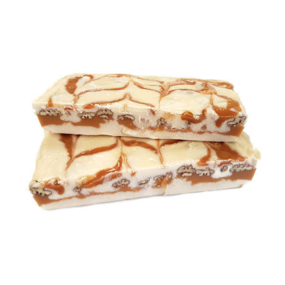 Chewy Praline slab, vanilla fudge, creamy fudge, gooey caramel, swirled caramel, real pecans, layered pecans vanilla fudge and caramel, premium fudge, best fudge in Canada, made in Alberta, Edmonton fudge, Phil's Fudge Factory