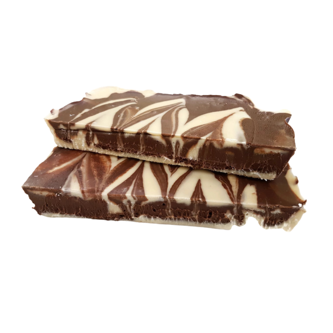 Chocolate Mint Swirl slab, chocolate fudge, mint flavoured fudge, chocolate and mint swirled fudge, swirled fudge, real peppermint oil, hand made fudge, premium fudge, best fudge in Canada, made in Alberta, Edmonton fudge, Phil’s Fudge Factory