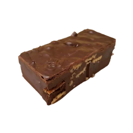 Chocolate Pecan right, chocolate fudge, pecan fudge, nutty fudge, creamy fudge, whole pecans, hand made fudge, premium fudge, best fudge in Canada, made in Alberta, Edmonton fudge, Phil’s Fudge Factory
