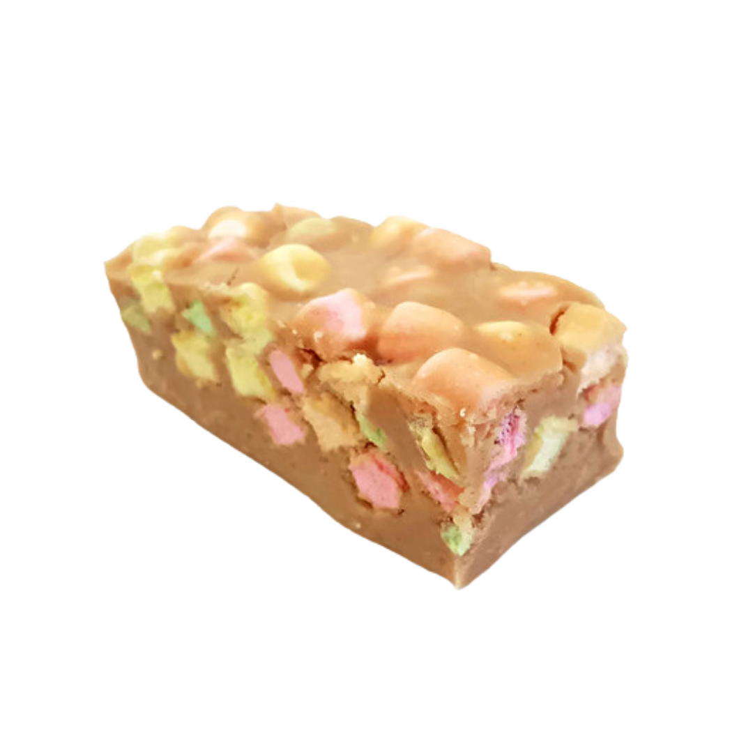 Confetti left, vanilla fudge, peanut butter fudge, butterscotch flavoured fudge, rainbow mini marshmallows, fruit flavoured mini marshmallows, classic dessert fudge, creamy fudge, marshmallow fudge, hand made fudge, premium fudge, best fudge in Canada, made in Alberta, Edmonton fudge, Phil’s Fudge Factory