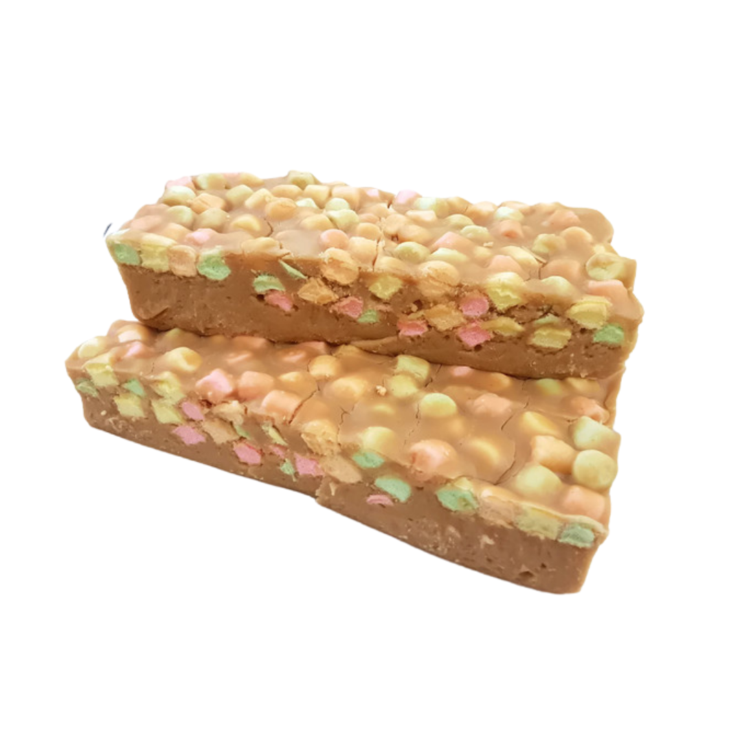 Confetti slab, vanilla fudge, peanut butter fudge, butterscotch flavoured fudge, marshmallow fudge, rainbow mini marshmallows, fruit flavoured mini marshmallows, classic dessert fudge, creamy fudge, hand made fudge, premium fudge, best fudge in Canada, made in Alberta, Edmonton fudge, Phil’s Fudge Factory