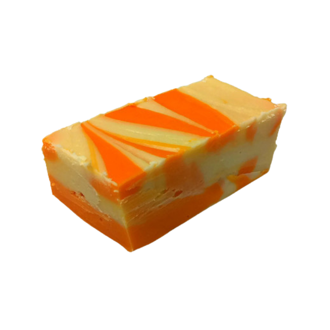 Creamsicle right, vanilla fudge, orange flavoured fudge, real orange oil, cream and orange swirled fudge, candy fudge, creamy fudge, hand made fudge, premium fudge, best fudge in Canada, made in Alberta, Edmonton fudge, Phil’s Fudge Factory