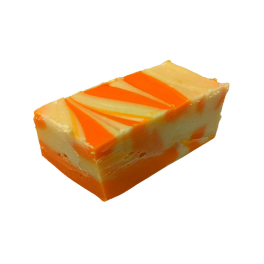 Creamsicle right, vanilla fudge, orange flavoured fudge, real orange oil, cream and orange swirled fudge, candy fudge, creamy fudge, hand made fudge, premium fudge, best fudge in Canada, made in Alberta, Edmonton fudge, Phil’s Fudge Factory
