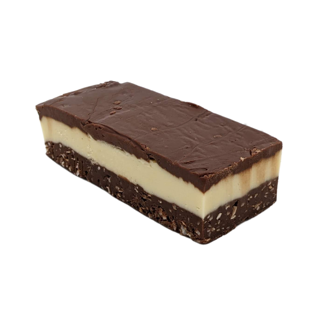 Nanaimo bar left, chocolate fudge, coconut fudge, custard flavoured fudge, layered fudge, Canadian classic fudge, dessert inspired fudge, chocolate bar fudge, creamy fudge, real sweetened coconut, yellow fudge, hand made fudge, premium fudge, best fudge in Canada, made in Alberta, Edmonton fudge, Phil’s Fudge Factory