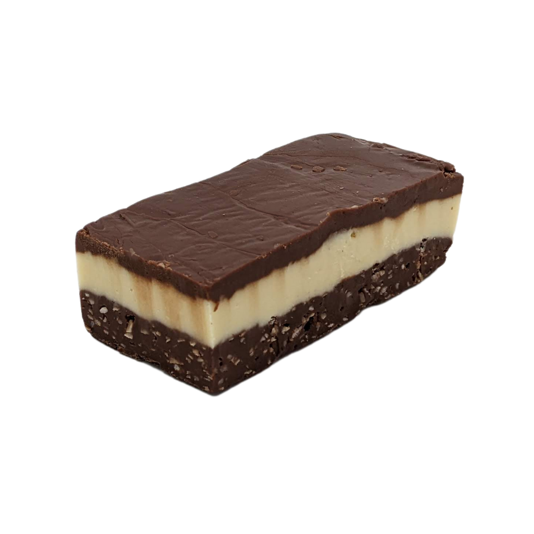 Nanaimo bar right, chocolate fudge, coconut fudge, custard flavoured fudge, layered fudge, Canadian classic fudge, dessert inspired fudge, chocolate bar fudge, creamy fudge, real sweetened coconut, yellow fudge, hand made fudge, premium fudge, best fudge in Canada, made in Alberta, Edmonton fudge, Phil’s Fudge Factory