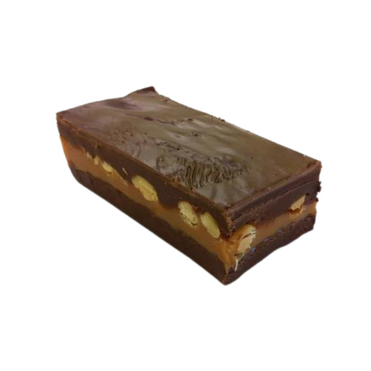 oh henry left, chocolate fudge, gooey caramel, whole salted peanuts, layered fudge, chocolate bar fudge, creamy fudge, crunchy fudge, hand made fudge, premium fudge, best fudge in Canada, made in Alberta, Edmonton fudge, Phil’s Fudge Factory
