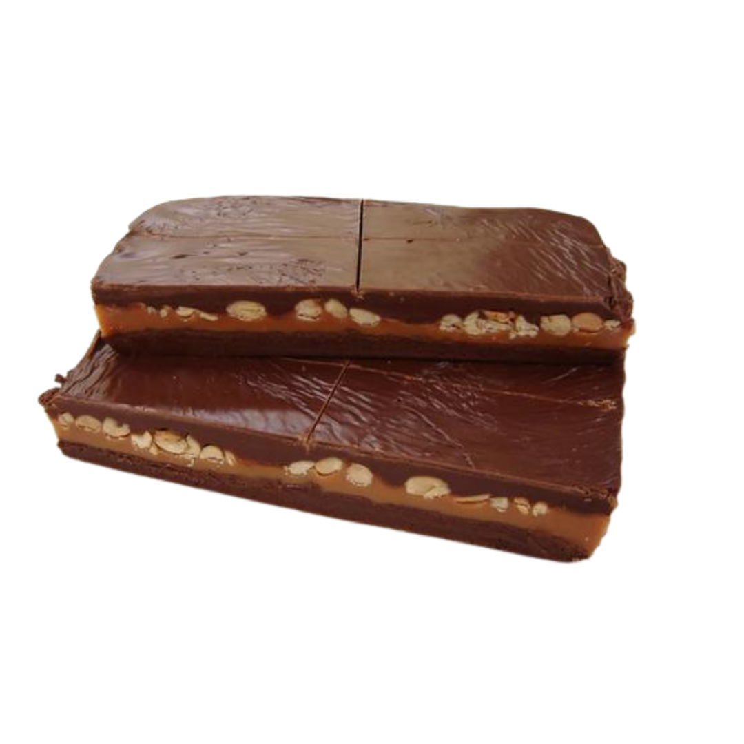 oh henry slab, chocolate fudge, gooey caramel, whole salted peanuts, layered fudge, chocolate bar fudge, creamy fudge, crunchy fudge, hand made fudge, premium fudge, best fudge in Canada, made in Alberta, Edmonton fudge, Phil’s Fudge Factory