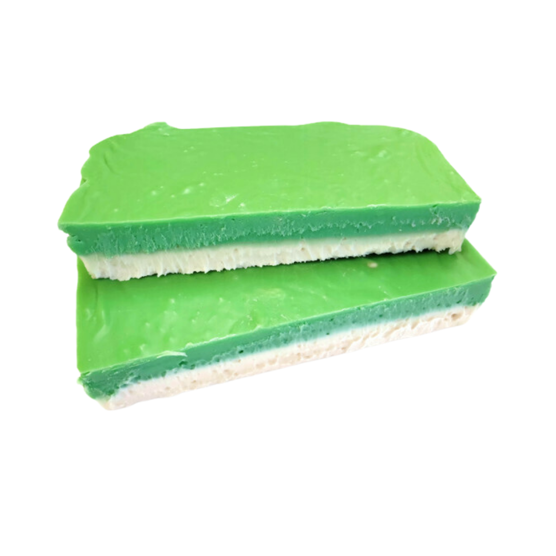 sour green apple slab, green apple flavoured fudge, sour fudge, layered cream and green fudge, candy inspired fudge, creamy fudge, hand made fudge, premium fudge, best fudge in Canada, made in Alberta, Edmonton fudge, Phil’s Fudge Factory
