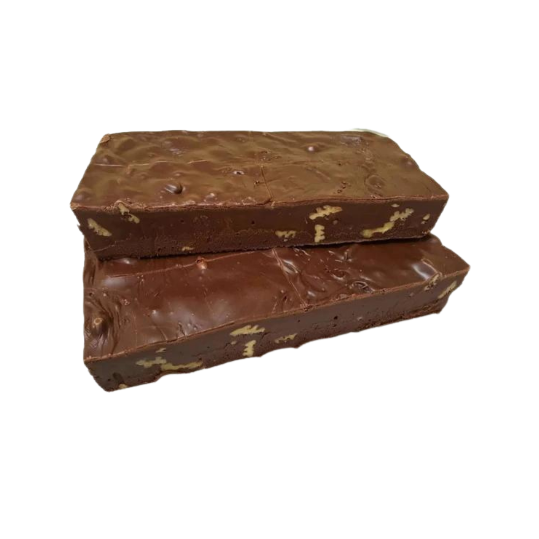 Chocolate Pecan slab, chocolate fudge, pecan fudge, nutty fudge, creamy fudge, whole pecans, hand made fudge, premium fudge, best fudge in Canada, made in Alberta, Edmonton fudge, Phil’s Fudge Factory