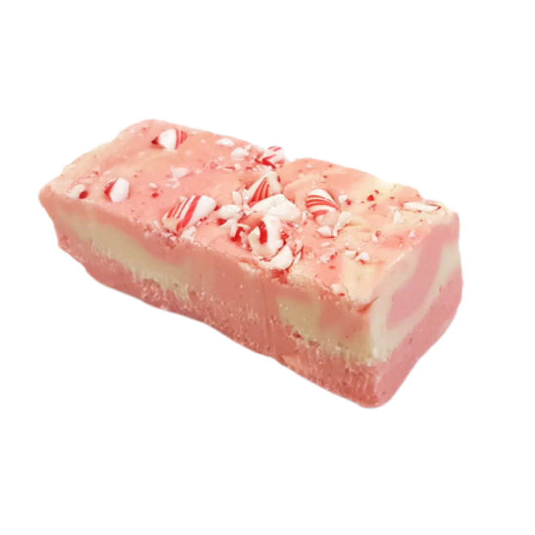 Candy Cane left, pink and cream swirled fudge, peppermint flavoured fudge, real peppermint oil, crushed candy canes, Holiday fudge, Christmas fudge, premium fudge, best fudge in Canada, made in Alberta, Edmonton fudge, Phil's Fudge Factory