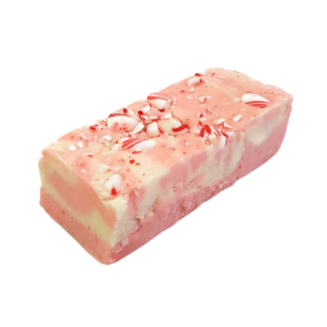 Candy Cane right, pink and cream swirled fudge, peppermint flavoured fudge, real peppermint oil, crushed candy canes, Holiday fudge, Christmas fudge, premium fudge, best fudge in Canada, made in Alberta, Edmonton fudge, Phil's Fudge Factory