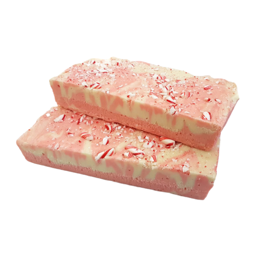 Candy Cane slab, pink and cream swirled fudge, peppermint flavoured fudge, real peppermint oil, crushed candy canes, Holiday fudge, Christmas fudge, premium fudge, best fudge in Canada, made in Alberta, Edmonton fudge, Phil's Fudge Factory