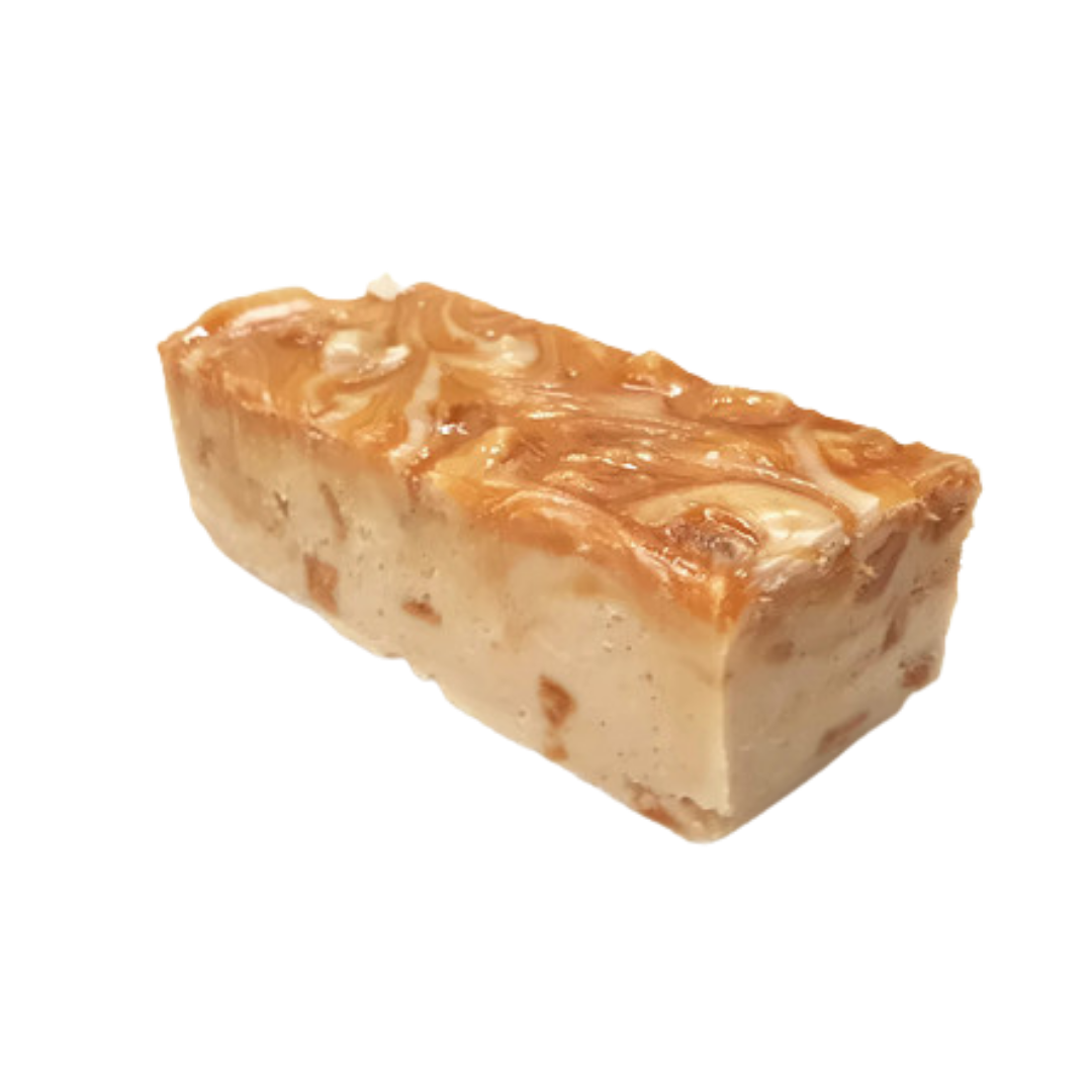 Caramel Apple Pie left, apple pie fudge, real apple chunks, swirled caramel, gooey caramel, spiced fudged, premium fudge, best fudge in Canada, made in Alberta, Edmonton fudge, Phil's Fudge Factory