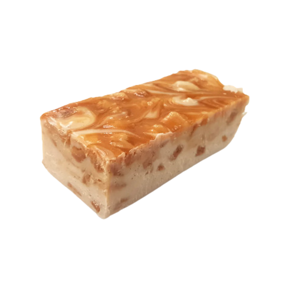 Caramel Apple Pie right, apple pie fudge, real apple chunks, swirled caramel, gooey caramel, spiced fudged, premium fudge, best fudge in Canada, made in Alberta, Edmonton fudge, Phil's Fudge Factory