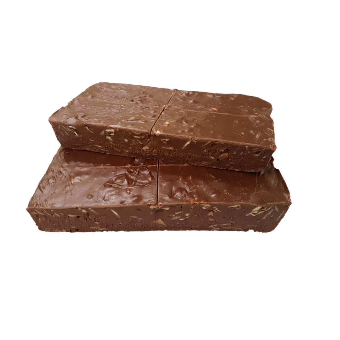 Chocolate almond slab, chocolate fudge, almond fudge, nutty fudge, creamy fudge, hand made fudge, premium fudge, best fudge in Canada, made in Alberta, Edmonton fudge, Phil’s Fudge Factory