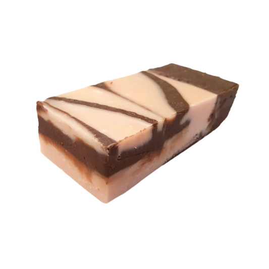 Chocolate Amaretto right, chocolate fudge, amaretto flavoured fudge, swirled pink and chocolate fudge, creamy fudge, hand made fudge, premium fudge, best fudge in Canada, made in Alberta, Edmonton fudge, Phil’s Fudge Factory