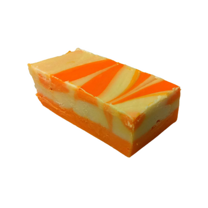 Creamsicle left, vanilla fudge, orange flavoured fudge, real orange oil, cream and orange swirled fudge, candy fudge, creamy fudge, hand made fudge, premium fudge, best fudge in Canada, made in Alberta, Edmonton fudge, Phills Fudge Factory