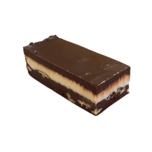 Hot Fudge Cheesecake Fudge left, dark chocolate fudge, cream cheese fudge, real Philadelphia cream cheese, creamy fudge, rich fudge, layered fudge, hand made fudge, premium fudge, best fudge in Canada, made in Alberta, Edmonton fudge, Phil’s Fudge Factory