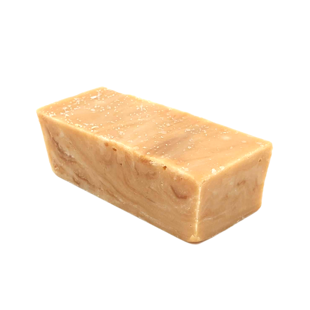 salted caramel left, vanilla fudge, melted caramel, topped with coarse salt, swirled vanilla fudge and caramel, traditional fudge, creamy fudge, best selling fudge, hand made fudge, premium fudge, best fudge in Canada, made in Alberta, Edmonton fudge, Phil’s Fudge Factory