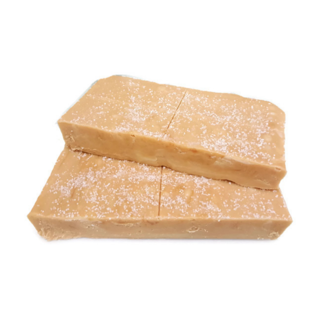 salted caramel slab, vanilla fudge, melted caramel, topped with coarse salt, swirled vanilla fudge and caramel, traditional fudge, creamy fudge, best selling fudge, hand made fudge, premium fudge, best fudge in Canada, made in Alberta, Edmonton fudge, Phil’s Fudge Factory